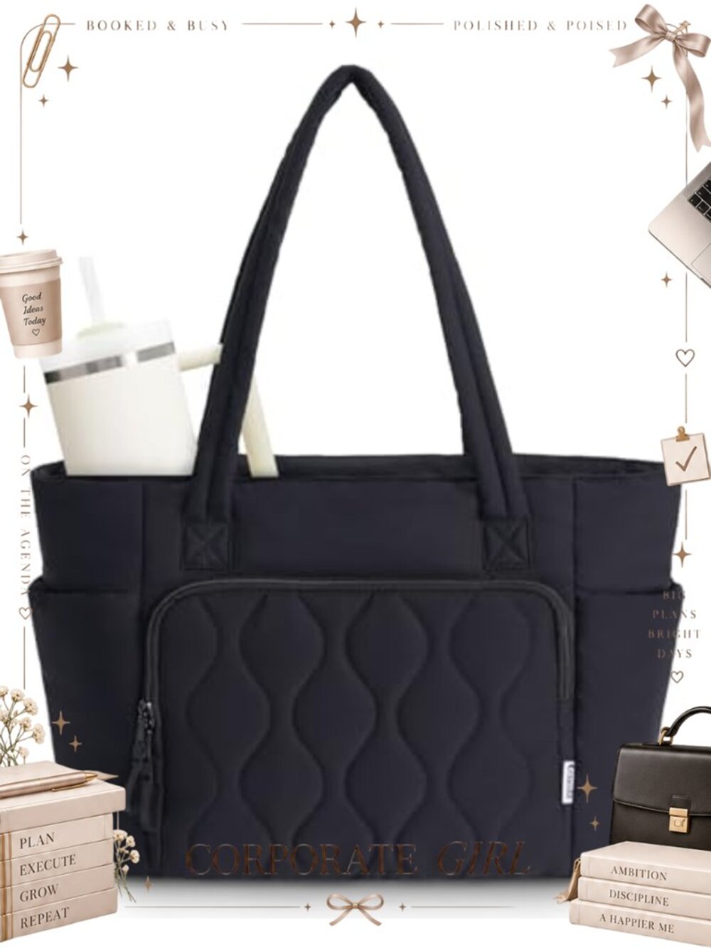 Puffer Tote Bag with 40oz Cup Holder & Laptop Sleeve